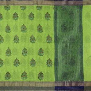 Ksr Handlooms Green Leaf Pattern Linen Printed Saree