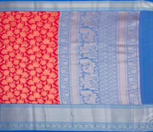 Ksr Handlooms Red and Blue Muga Gadwal Printed Saree