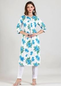 Ladies Blue Floral Printed Cotton Kurti