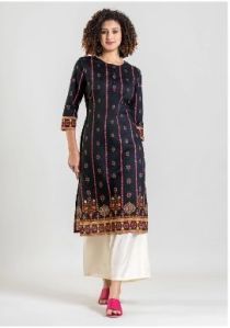 Ladies Cotton Round Neck Black Printed Designer Kurti