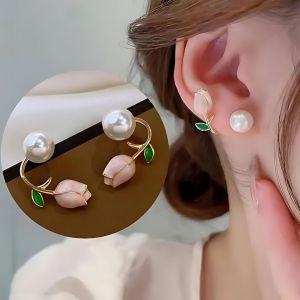 JJK55 Ladies Stylish Pearl & Rose Stud Earrings