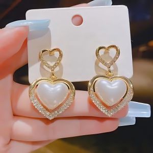 JJK60 Ladies Gold Plated Heart Shape Pearl Drop Earrings