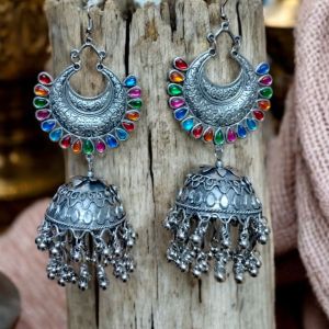 JJO41 Ladies Multicolor Oxidized Jhumki Earrings