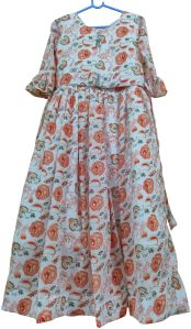 Fusion Weaves Girl Peach Floral Print Casual Wear Frock