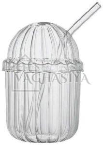 Glass Drinking Cup With Dome Lid and Straw