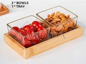 Wooden Tray with Square Glass Bowls