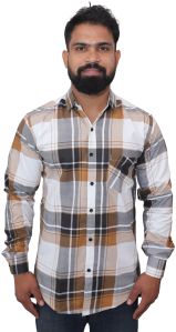 Men Brown Grey Poly Cotton Check Shirt