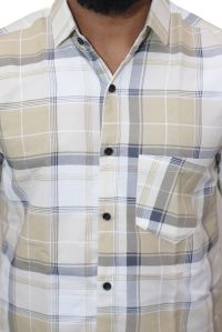 Men Cream and Navy Blue Check Cotton Shirt