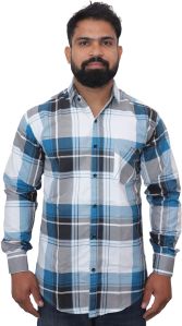 Men Sky Brown and Black Check Cotton Shirt