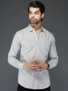 Men Woolen Greyish-White Printed Shirt