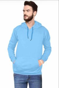 Mens Blue Cotton Plain Hoodie