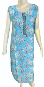 Blue Rayon Leaves Printed Kurti