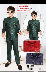 Boys Wedding Wear Green Kurta Trouser Set