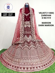 Ladies Dark Red Velvet Embroidered Bridal Lehenga