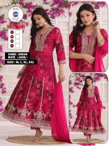 Ladies Pink Cotton Floral Printed Anarkali Suit Set