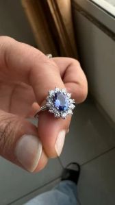 925 Sterling Silver Oval Tanzanite and Moissanite Engagement Ring