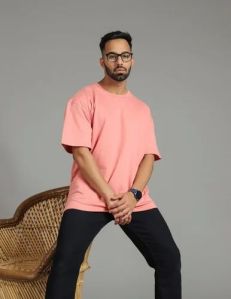 Mens Light Pink Round Neck Cotton T-Shirt