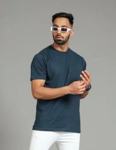 Mens Plain Teal Blue Round Neck Cotton T-Shirt