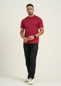 Mens Round Neck Maroon Two Way Lycra T-Shirt