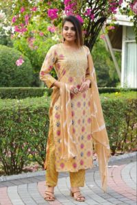 Yellow Cotton Printed Kurta Pant Dupatta Set