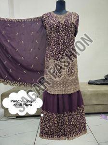 Ladies Georgette Purple Sharara Suit with Dupatta