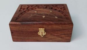 Rectangular Brass Vine Inlay Carved Wooden Box with Latch