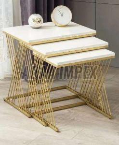 Golden Crisscross Frame White Top Side Table Set