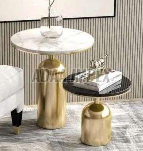 Golden Cylindrical Base Marble & Black Top Side Table Set