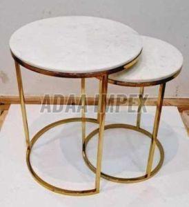 Golden Round Frame White Marble Top Side Table Set