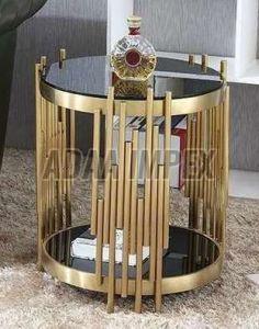 Golden Vertical Rod Frame Black Glass Top Side Table