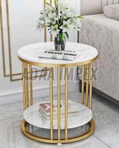 Round Marble Top Side Table with Shelf Golden Rod Frame
