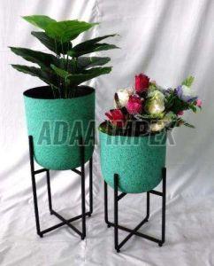 Textured Green Duo Cylindrical Iron Planter Stand