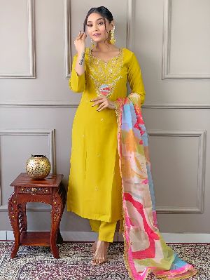 Ladies Embroidered Viscose Kurta Pant Dupatta Set