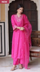Ladies Pink Viscose Chanderi Kurta, Pant and Dupatta Set