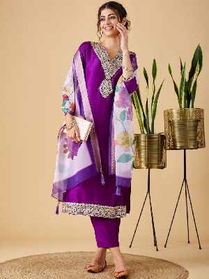 Ladies Chinon Viscose Embroidered Kurta, Pant and Dupatta Set