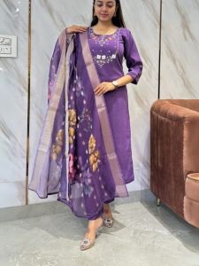 Ladies Viscose Embroidered Kurta, Pant And Jacquard Dupatta Set