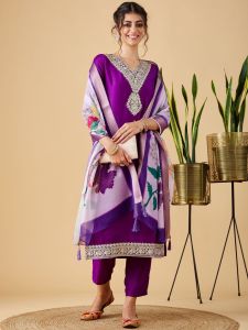Ladies Chinon Viscose Embroidered Kurta, Pant and Dupatta Set