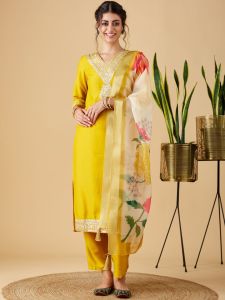 Ladies Chinon Viscose Embroidered Kurta, Pant and Dupatta Set