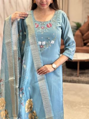 Ladies Viscose Embroidered Kurta, Pant And Jacquard Dupatta Set