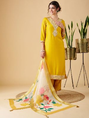 Ladies Chinon Viscose Embroidered Kurta, Pant and Dupatta Set