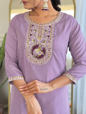 Ladies Rayon Embroidered Kurta, Pant And Dupatta Set