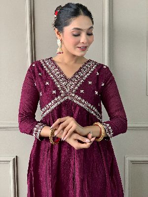 Ladies Wine Vichitra Silk Embroidered Kurta, Pant  And Dupatta Set