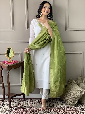 Ladies White Viscose Blend Embroidered Kurta, Pant And Dupatta Set