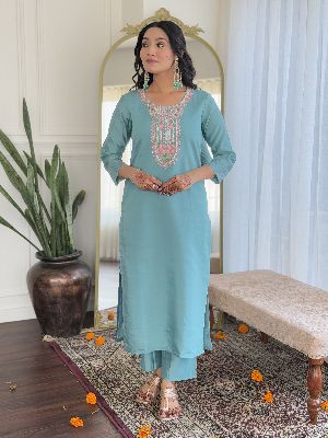 Ladies Sky Blue Chanderi Embroidered Kurta, Pant And  Dupatta Set
