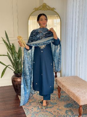 Ladies Royal Blue Rayon Embroidered Kurta, Pant And Dupatta Set