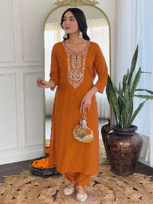 Ladies Rust Rayon Embroidered Kurta, Pant And Dupatta Set