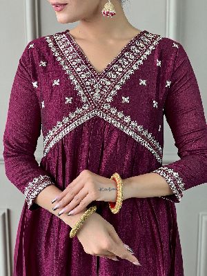 Ladies Wine Vichitra Silk Embroidered Kurta, Pant  And Dupatta Set