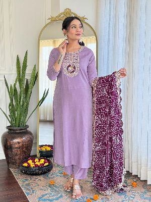 Ladies Rayon Embroidered Kurta, Pant And Dupatta Set