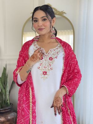 Ladies White Bsy Viscose Embroidered Kurta, Pant And Dupatta Set