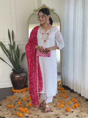 Ladies White Bsy Viscose Embroidered Kurta, Pant And Dupatta Set